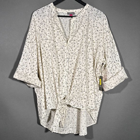 NWT Vince Camuto Floral Print 3/4 Roll Tab Sleeve Tied Button Front Blouse Sz 2X - Picture 1 of 14